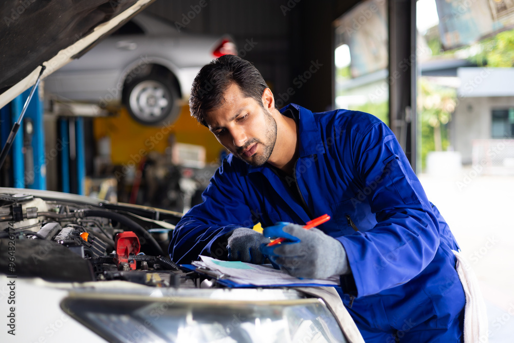 Hispanic latin man mechanic repairs car in garage. Car maintenance and auto service garage concept. Closeup hand and spanner. Insurance agent Hispanic latin man mechanic repairs car in garage. Car maintenance and auto service garage concept. Closeup hand and spanner. Insurance agent