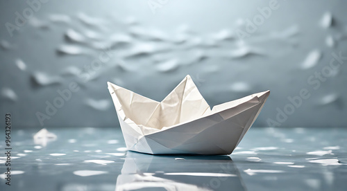 A paper boat floating on a smooth, reflective surface, made from crumpled white paper with blank copy space in the background. The boat symbolizes journeys, exploration, and new beginnings