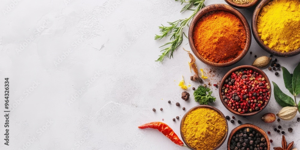 A vibrant display of various spices in wooden bowls, showcasing an array of colors and textures, perfect for food photography. A vibrant display of various spices in wooden bowls, showcasing an array of colors and textures, perfect for food photography.