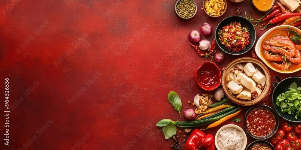 A vibrant layout of various spices, herbs, and fresh ingredients on a rich red background, perfect for culinary inspiration. A vibrant layout of various spices, herbs, and fresh ingredients on a rich red background, perfect for culinary inspiration.
