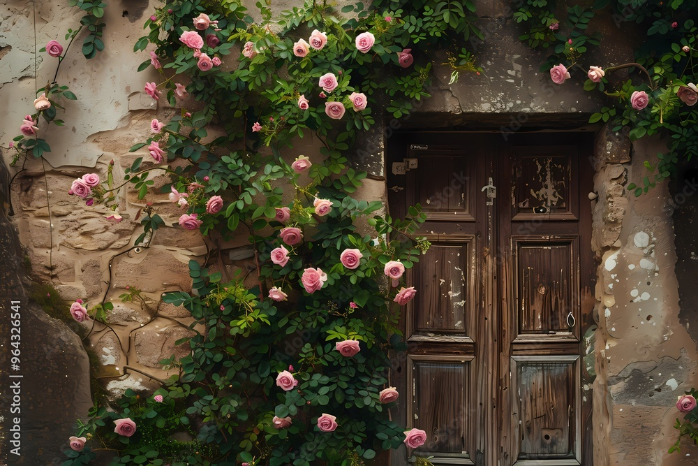 Charming wooden door adorned with blooming pink roses against a weathered wall. Charming wooden door adorned with blooming pink roses against a weathered wall.