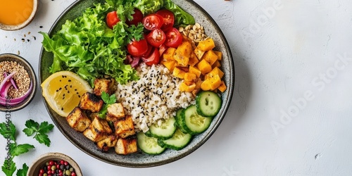 A vibrant salad bowl featuring fresh greens, tomatoes, cucumber, mango, and seasoned chicken for a healthy meal option.