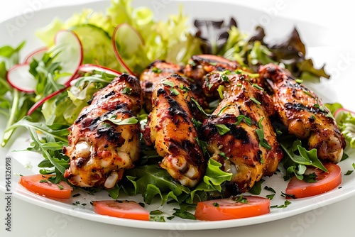 Grilled chicken wings on a bed of fresh greens and vegetables.