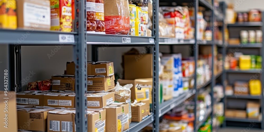 A well-organized storage area filled with assorted food packages on shelves, showcasing variety and efficiency in inventory management. A well-organized storage area filled with assorted food packages on shelves, showcasing variety and efficiency in inventory management.