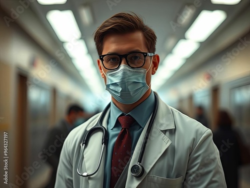 Confident male doctor wearing mask in hospital hallway photo