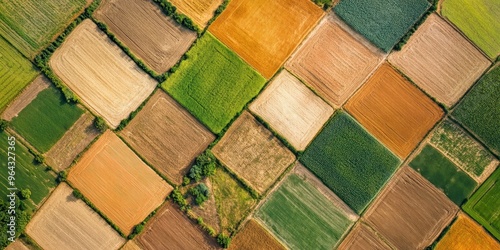 Aerial view of colorful agricultural fields in geometric patterns, showcasing the beauty of rural land cultivation. photo