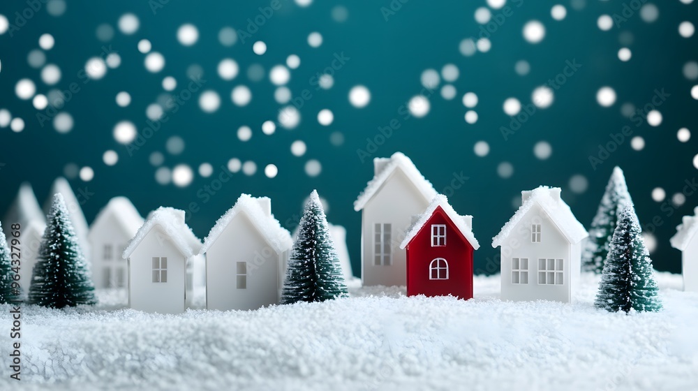 Fototapeta premium A snowy landscape with a row of small houses and a tree. The houses are white and red, and the snow is covering the ground. The scene has a cozy and festive mood, with the houses
