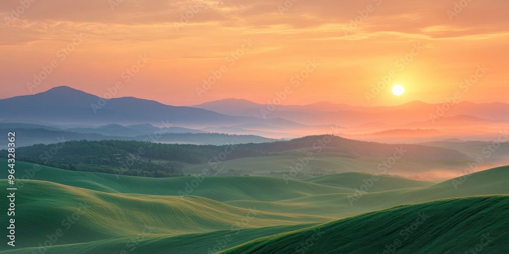 Breathtaking sunset over rolling hills, casting a warm glow on the lush green landscape, creating a serene and peaceful atmosphere. Breathtaking sunset over rolling hills, casting a warm glow on the lush green landscape, creating a serene and peaceful atmosphere.