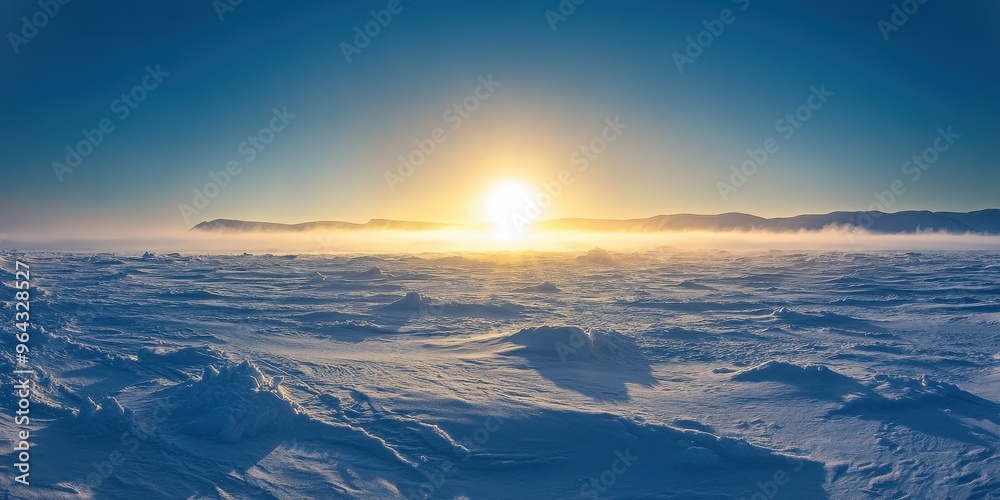 Breathtaking winter landscape with a radiant sunrise illuminating the snow-covered terrain and distant mountains. Breathtaking winter landscape with a radiant sunrise illuminating the snow-covered terrain and distant mountains.