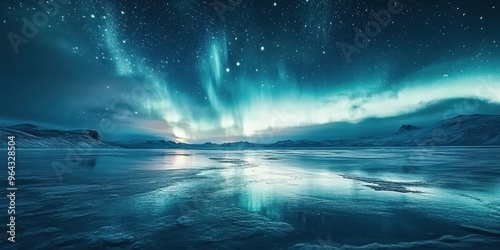 Breathtaking view of the northern lights illuminating a serene frozen lake under a starry night sky.