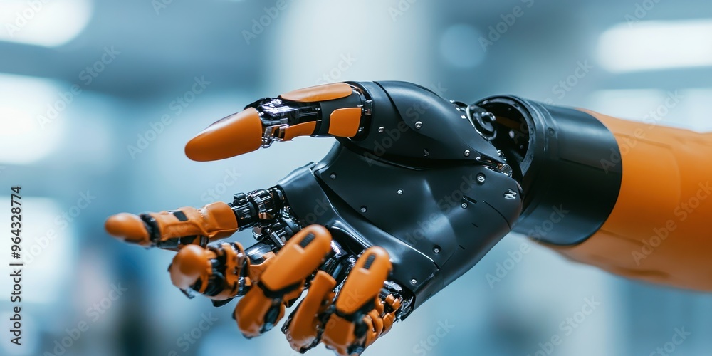 Close-up view of a robotic hand showcasing advanced technology and design, symbolizing innovation in robotics and automation. Close-up view of a robotic hand showcasing advanced technology and design, symbolizing innovation in robotics and automation.