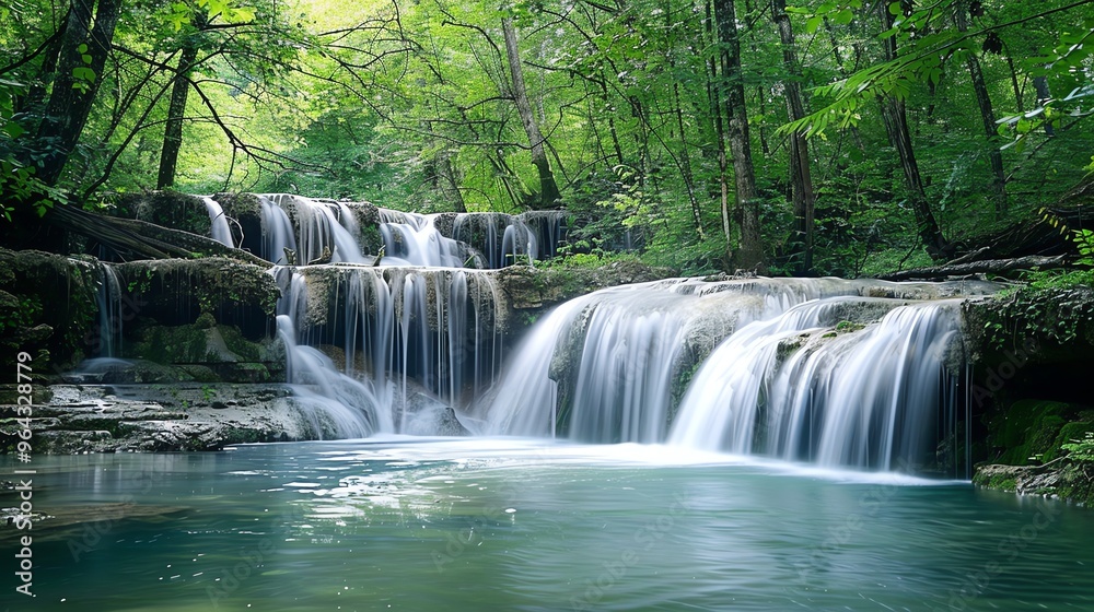 Fototapeta premium A small waterfall in a lush green forest.