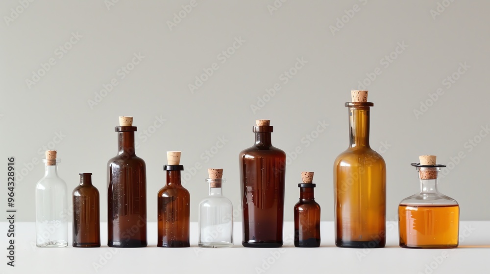 A row of glass bottles, most with cork tops. A row of glass bottles, most with cork tops.