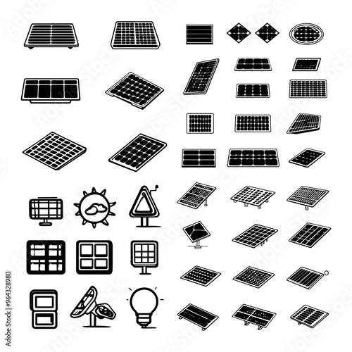 Collection of Solar Panel Icons Diverse Designs and Angles for Clean Energy Projects