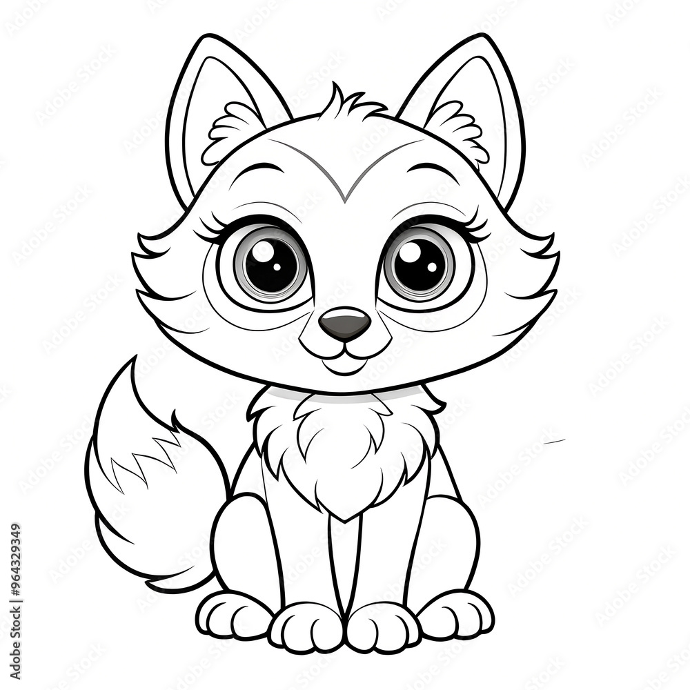 Fototapeta premium Coloring page for kids with a cute little wolf cub with big eyes and eyelashes on a white background