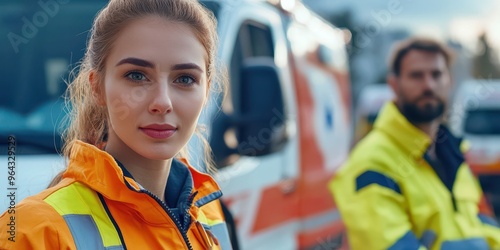 Wallpaper Mural Confident female emergency worker in bright jacket, focused on her mission. Teamwork and safety in action during a rescue operation. Torontodigital.ca