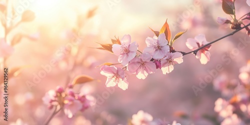 Delicate cherry blossoms bathed in soft sunlight, creating a serene and enchanting spring atmosphere in nature.