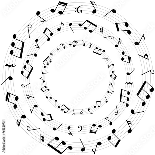 Music notes background, round musical frames pattern, vector illustration.