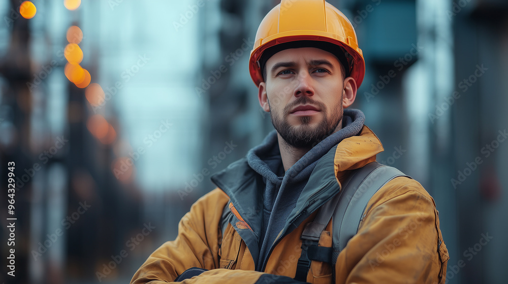 Portrait of an electrician in front of a substation, professional photography Portrait of an electrician in front of a substation, professional photography