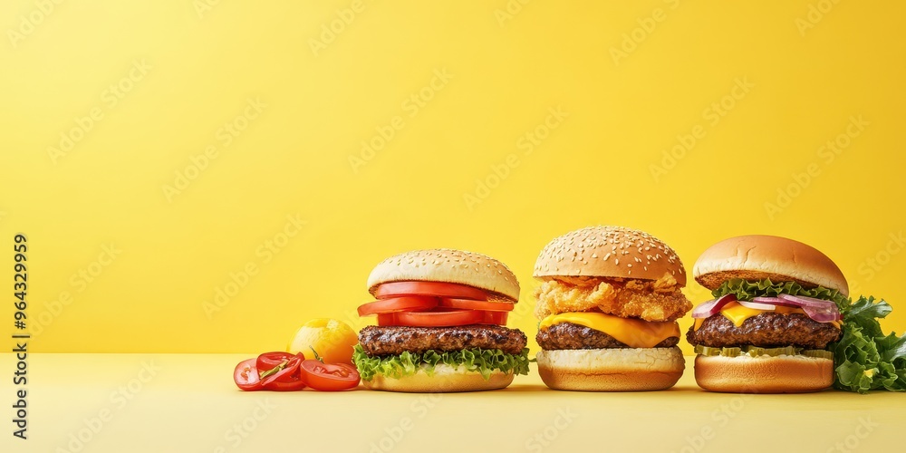 Delicious burgers arranged neatly against a bright yellow background, showcasing freshness and high-quality ingredients. Delicious burgers arranged neatly against a bright yellow background, showcasing freshness and high-quality ingredients.