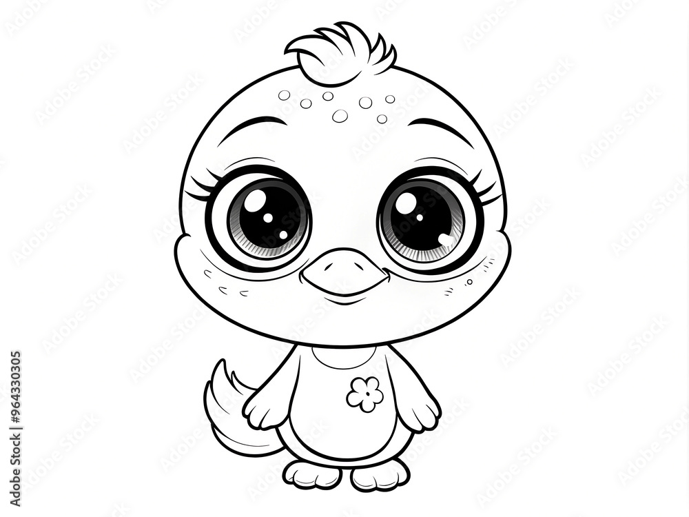 Fototapeta premium Coloring page for kids with a cute little chicken with big eyes standing and looking at the camera on a white background