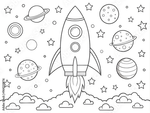 Coloring page for kids with a rocket taking off against different planets and stars on a white background