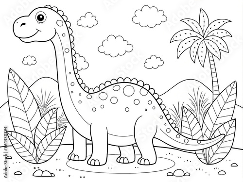 Coloring page for kids with a big funny spotted dinosaur on the background of palm trees with big leaves and clouds