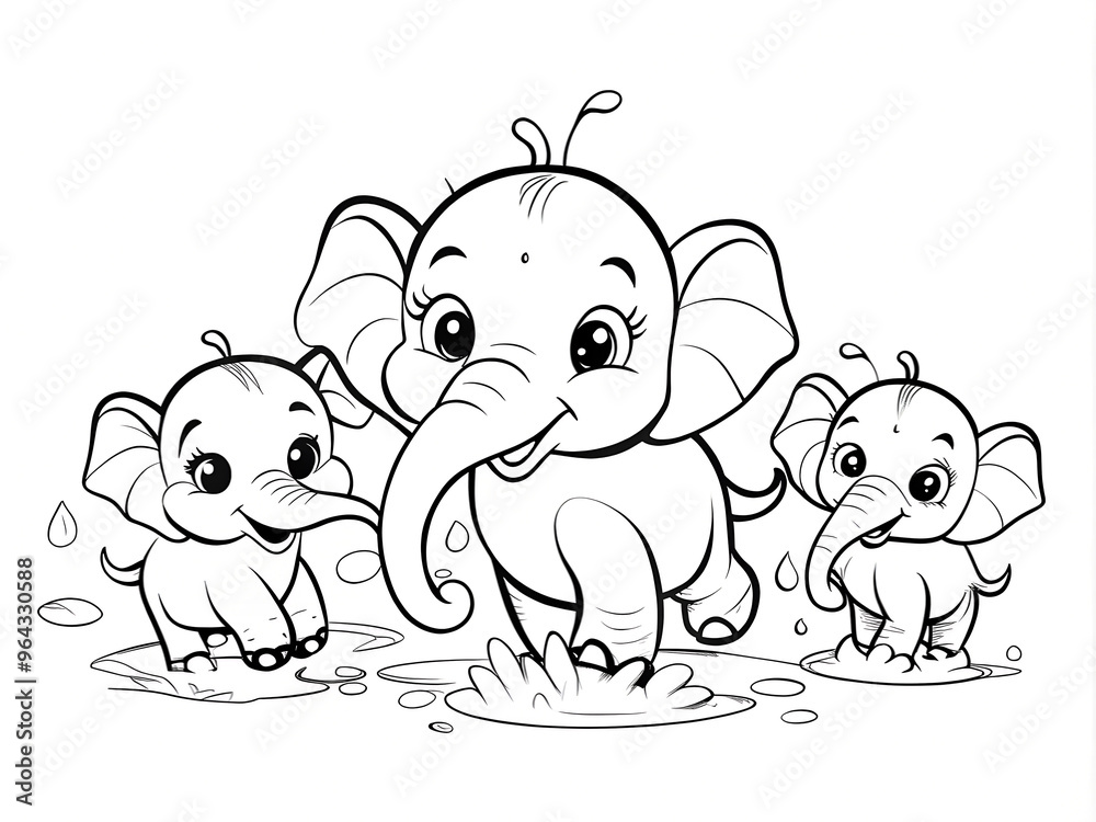 Obraz premium Coloring page for kids with cute happy elephants bathing in water on white background
