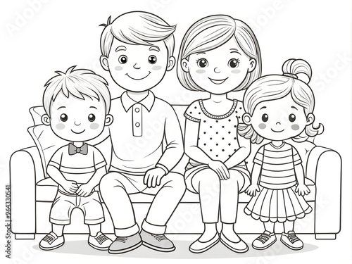 Coloring page for kids with the image of a cheerful happy family of mother, father son and daughter sitting on the sofa on a white background