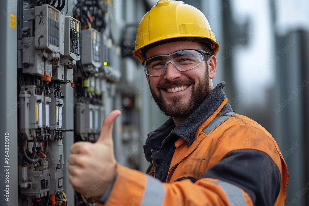 A happy electrician standing in front of an electrical substation, giving a thumbs up. A happy electrician standing in front of an electrical substation, giving a thumbs up.