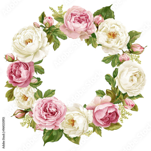 Wreath of watercolor flowers. Frame with roses. Summer holiday design for greeting card, wedding invitation, poster, stickers and other. Isolation on white background
