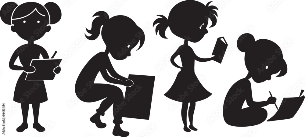 Girl Letter Writing Minimalist Black Silhouette Vector Collection Girl Letter Writing Minimalist Black Silhouette Vector Collection