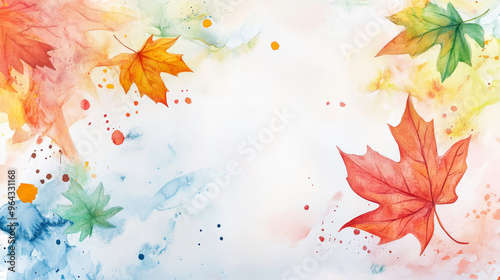 A colorful banner with autumn leaves, painted in watercolors. It features maple leaves, splattered paint, and some greenery.