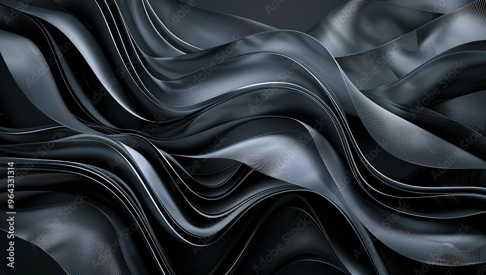 Black and white lines, digital art style, dark background, flowing texture, 3D rendering, black gray gradient