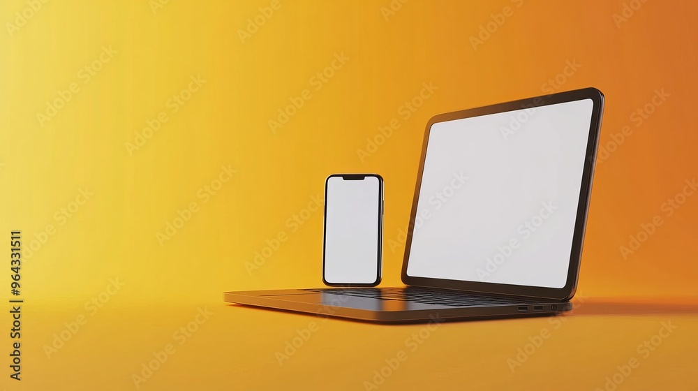 Laptop and smartphone on a yellow and orange gradient background. Side view of the laptop and phone with white screens Laptop and smartphone on a yellow and orange gradient background. Side view of the laptop and phone with white screens