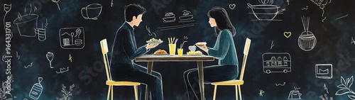 Panel kuchenny z motywem Home Insurance Protection Concept: Couple at Dining Table Drawing on Chalkboard with Miniature People Cooking - Real Photo