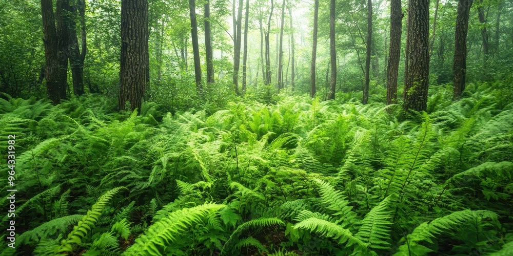 Lush green ferns blanket the forest floor, surrounded by tall trees and soft mist, creating a serene natural atmosphere.