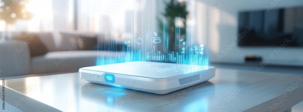 Modern home wireless router with digital data visualization 
