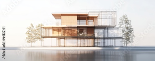 Modern architectural blueprint model showcasing sleek design with wooden and glass elements, surrounded by trees. 