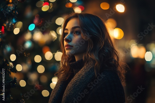 Festive reflections: young woman gazing at vibrant holiday lights