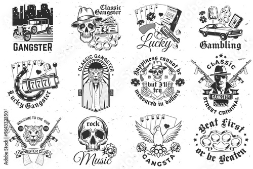 Set of gangster club badge design. Vector. Vintage monochrome label, sticker, patch with gangster, submachine gun, tiger gangster, skull silhouettes.