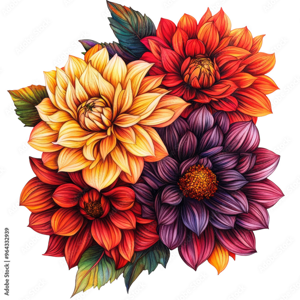 Large intricate dahlias with their complex petals displayed isolated white background Large intricate dahlias with their complex petals displayed isolated white background