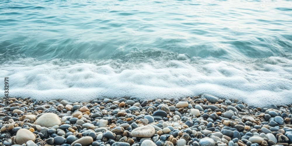 Serene beach scene with smooth pebbles gently lapped by clear turquoise waves, conveying tranquility and natural beauty. Serene beach scene with smooth pebbles gently lapped by clear turquoise waves, conveying tranquility and natural beauty.