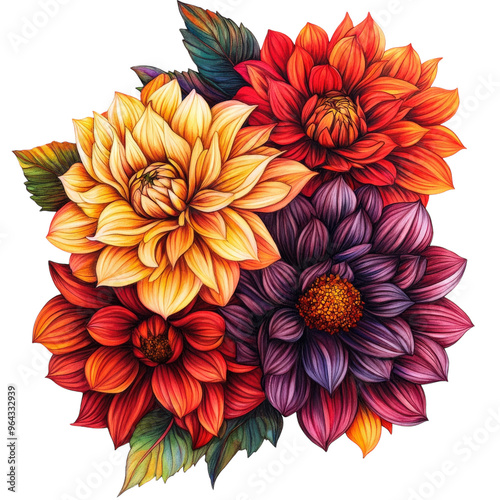 Large intricate dahlias with their complex petals displayed isolated white background