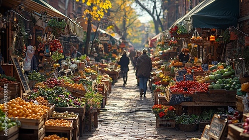 A bustling outdoor market scene with an abundance of fresh produce, encouraging the reduction of meat consumption to lower methane emissions from livestock farming.