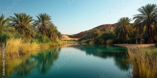 Serene oasis landscape with palm trees, calm water, and hills under a clear blue sky, perfect for nature lovers and travel themes.