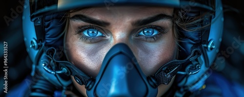 Close up portrait of a woman wearing a helmet and oxygen mask. She has piercing blue eyes and a determined expression.