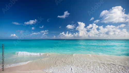 Fototapeta Naklejka Na Ścianę i Meble -  Caribbean beach landscape with white sand and turquoise sea. Blue sky with white clouds. Vacation, sea, nature, freedom, relax, life, dream. Banner header image