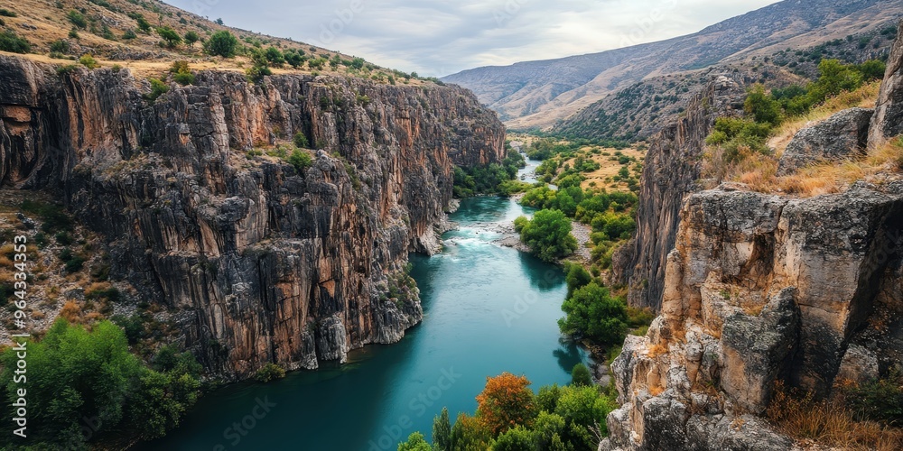 Naklejka premium Stunning river landscape surrounded by steep cliffs and lush greenery, showcasing nature's beauty in a serene environment.