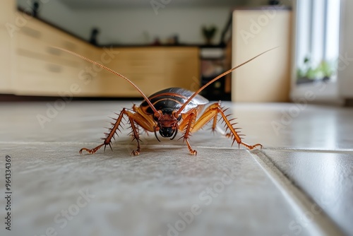 A cockroach on kitchen floor, showcasing its detailed features in modern home setting. 